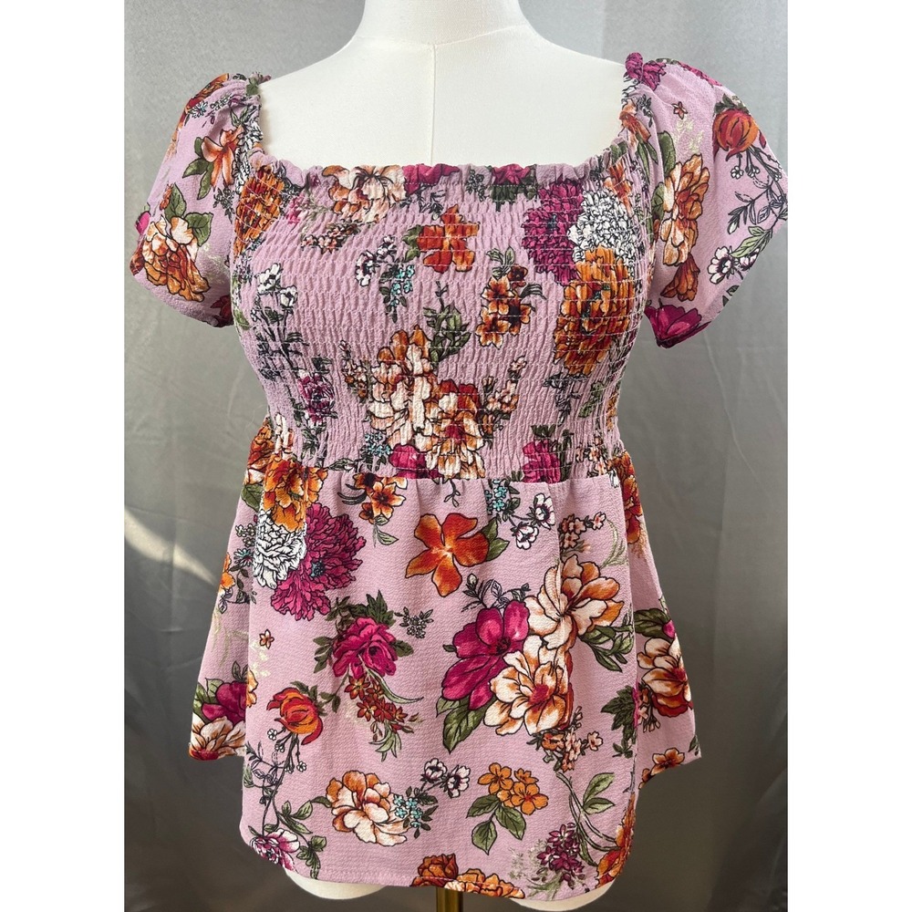 Monteau Purple Floral Smocked Off Shoulder Babydoll Boho Crop Top M